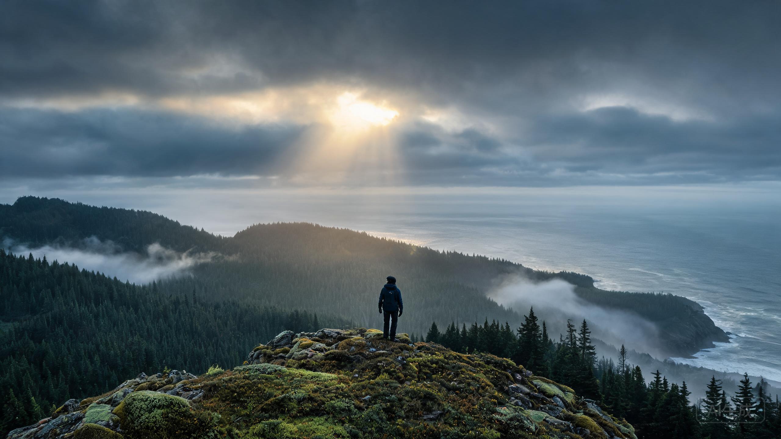 A mountaineer on a foggy Pacific Northwest ridge wearing a STORMFELL shell