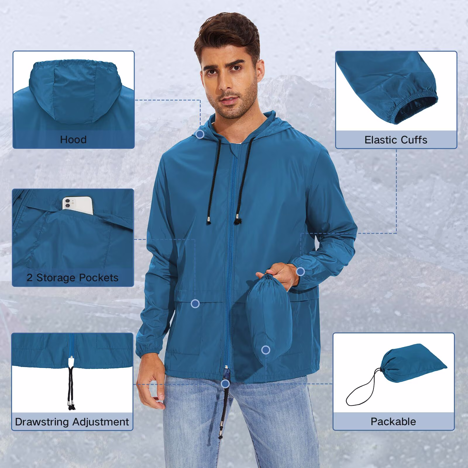 American Trends Packable Men's Rain Jacket Waterproof Raincoat view 2