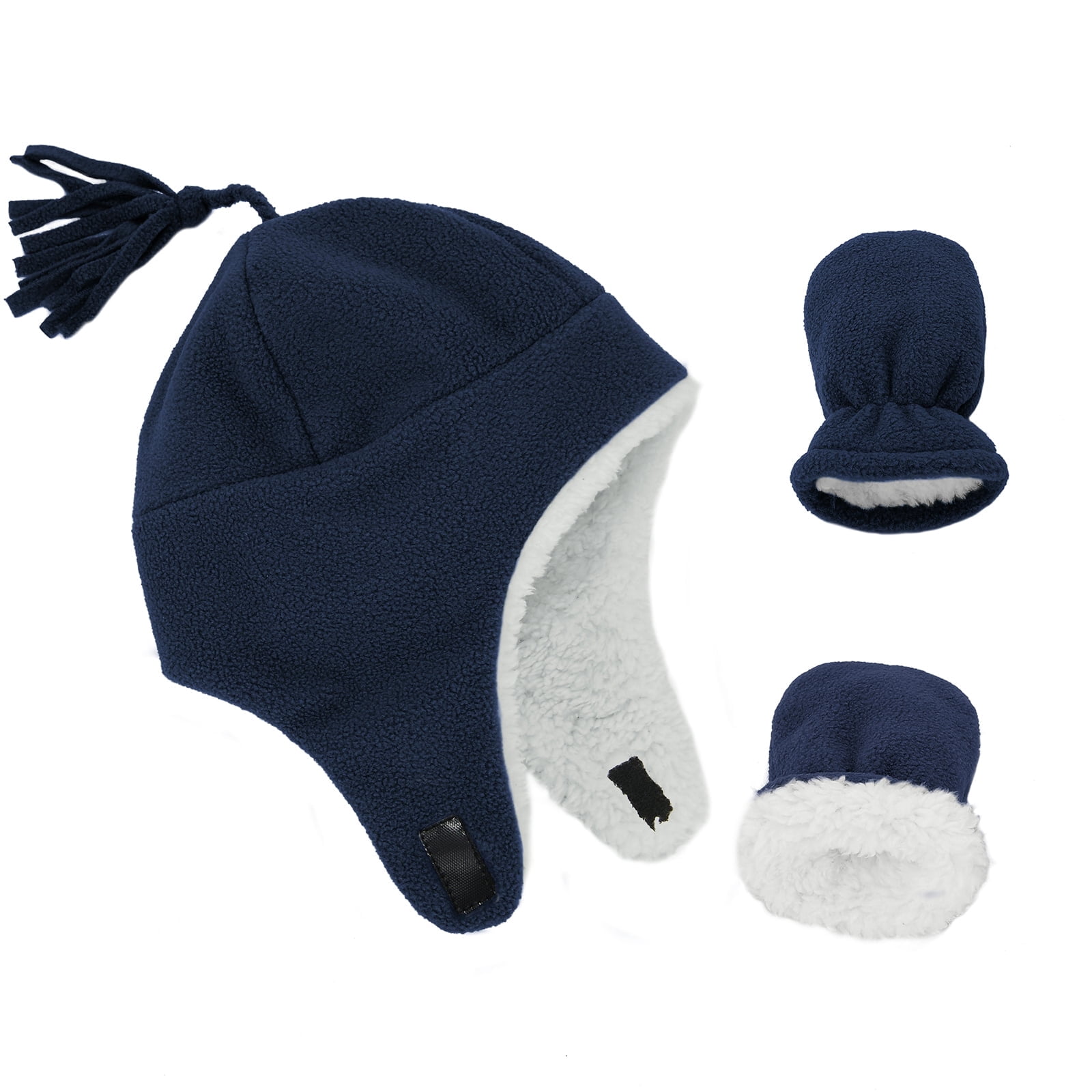 American Trends Baby Boy Winter Hat and Mitten Set Baby Girl Hats Toddler Winter Hat Sherpa Lined Fleece Earflap Beanie for Girls Boys Navy Blue M