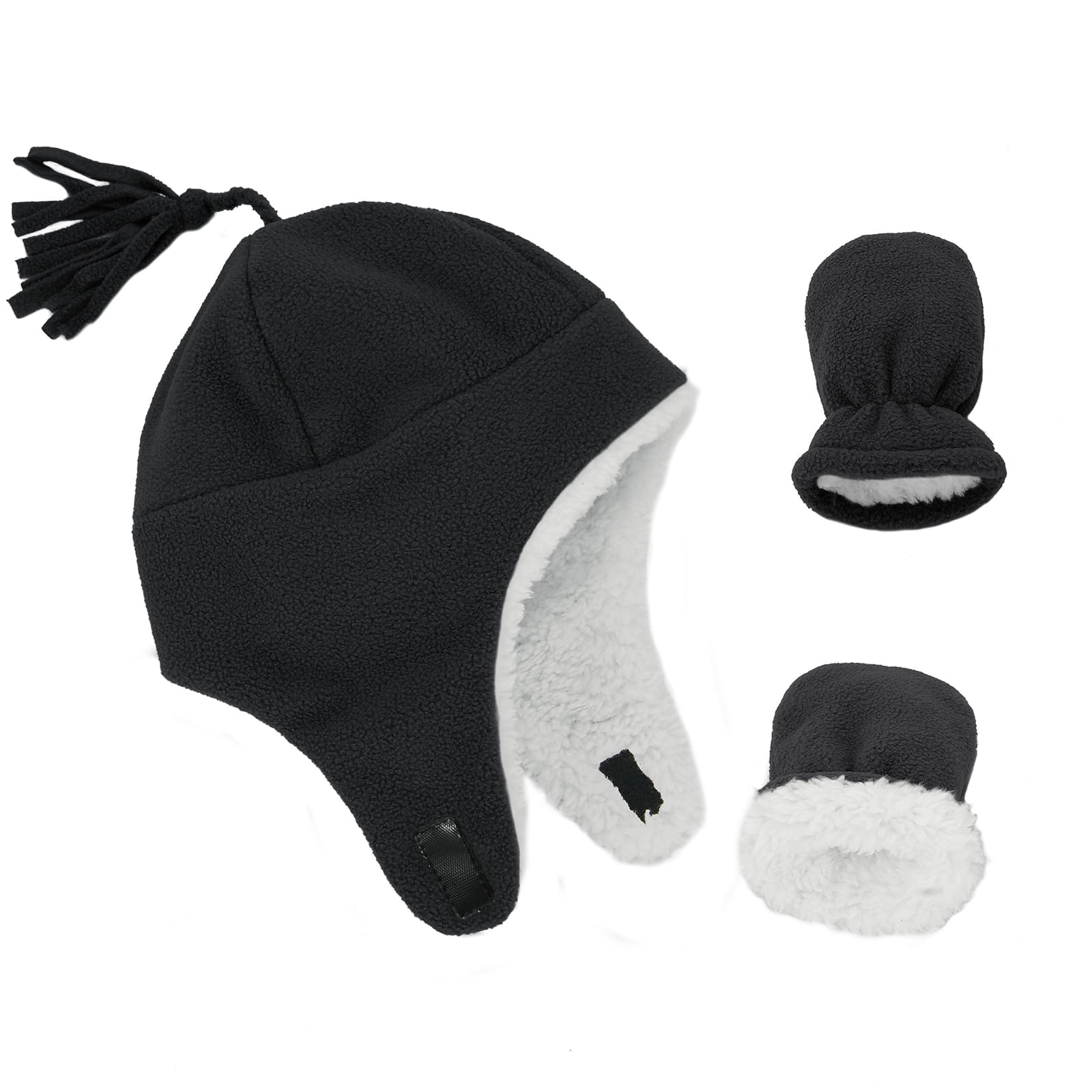 American Trends Baby Boy Winter Hat and Mitten Set Baby Girl Hats Toddler Winter Hat Sherpa Lined Fleece Earflap Beanie for Girls Boys Black M