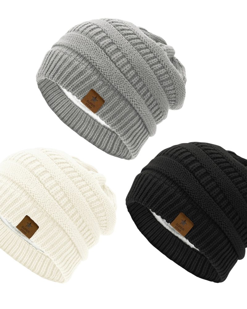 American Trends Womens Knit Beanie Winter Thick Solid Fleece Lined Beanie Hats for Women Men Unisex Warm Skiing Beanies Black & Light Grey & Ivory