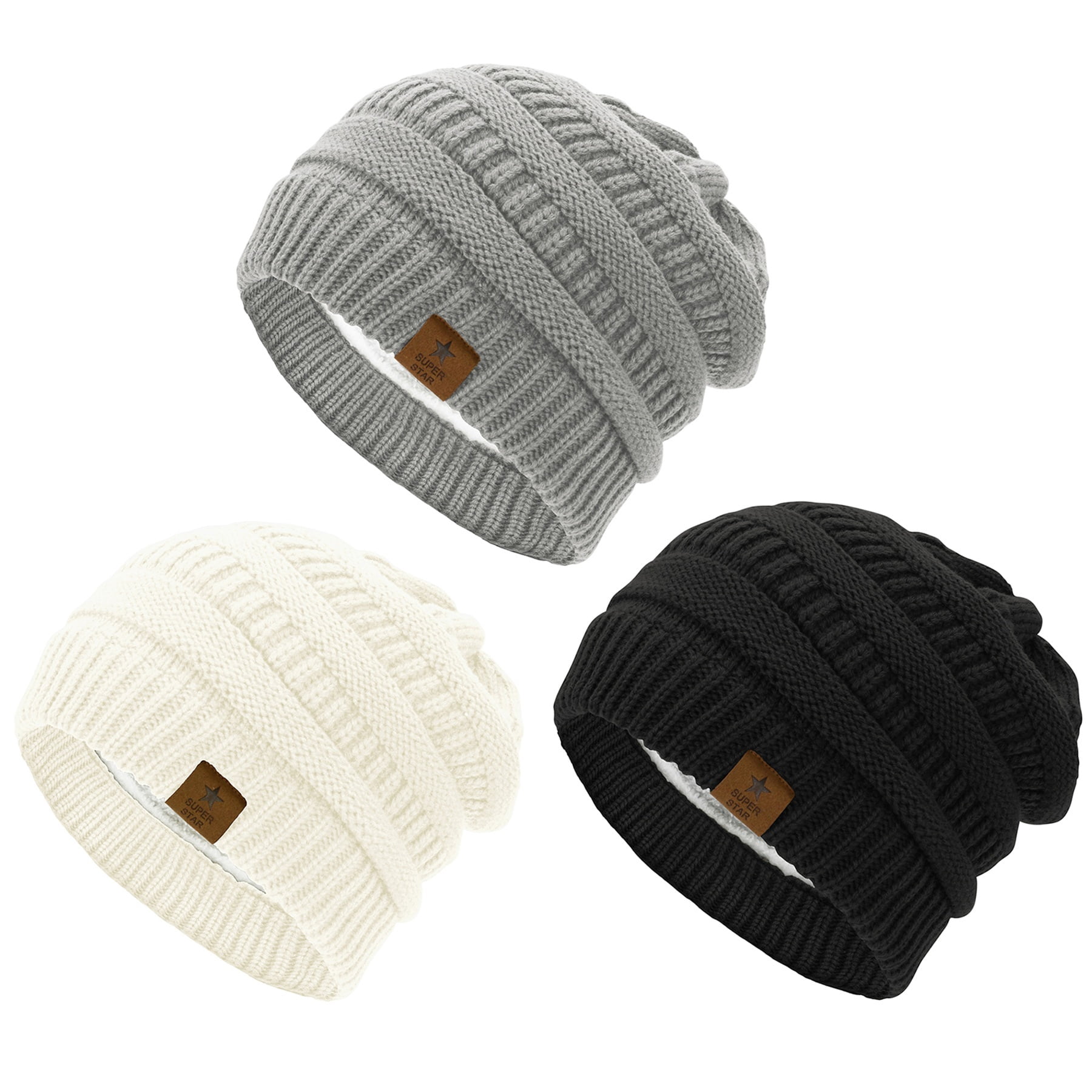 American Trends Womens Knit Beanie Winter Thick Solid Fleece Lined Beanie Hats for Women Men Unisex Warm Skiing Beanies Black & Light Grey & Ivory