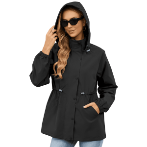 American Trends Womens Rain Jacket Waterproof with Hood Lightweight Windbreaker Adjustable Waist Casual Trench Raincoat for Travel Hiking Black L