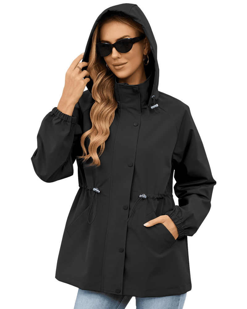 American Trends Womens Rain Jacket Waterproof with Hood Lightweight Windbreaker Adjustable Waist Casual Trench Raincoat for Travel Hiking Black XL