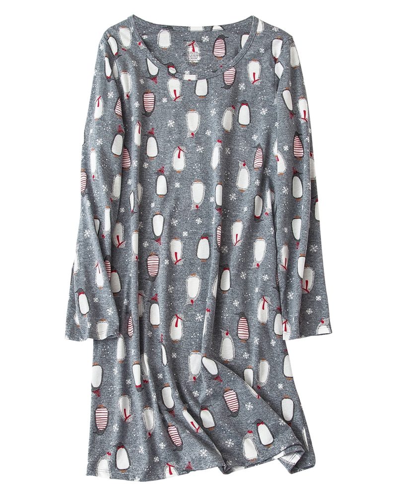 American Trends Long Sleeves Nightgowns for Women Soft Cotton Night Shirts for Ladies Sleepwear Womens Plus Size Pajama Dress Gray Penguin L