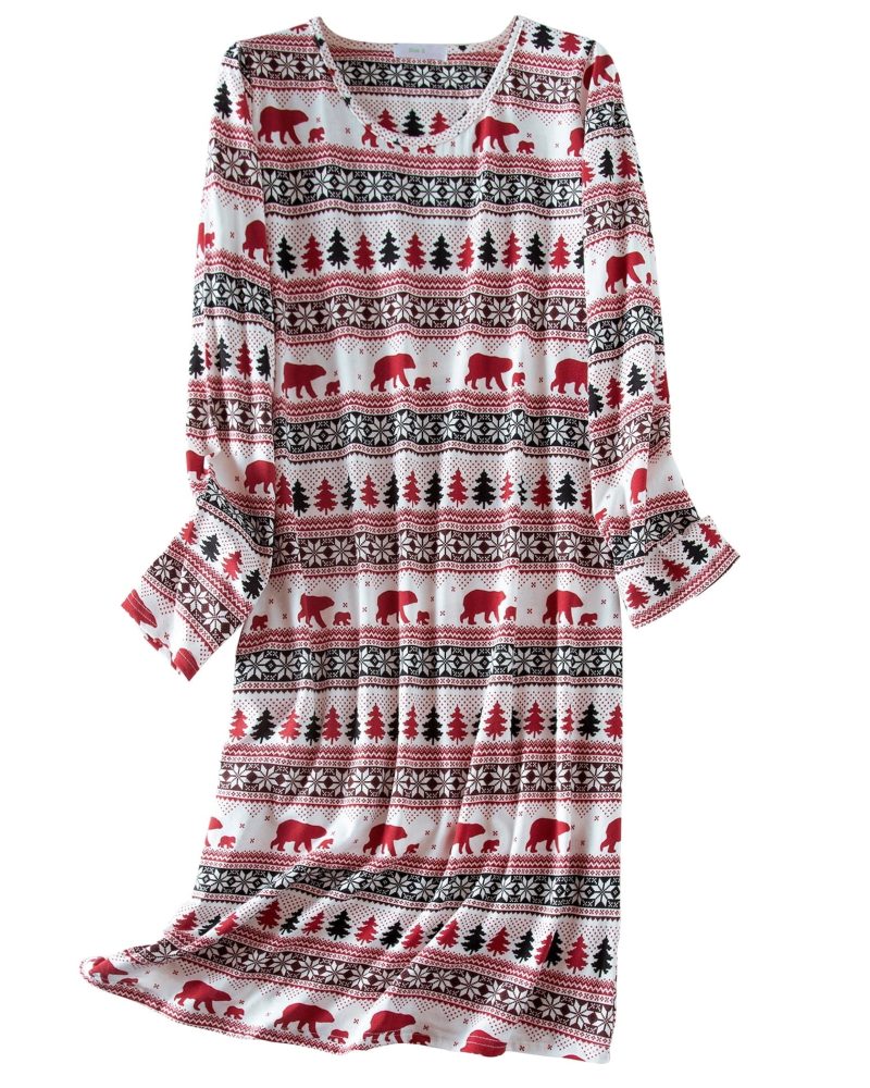 American Trends Long Sleeves Nightgowns for Women Soft Cotton Night Shirts for Ladies Sleepwear Womens Plus Size Pajama Dress Snow Bear L