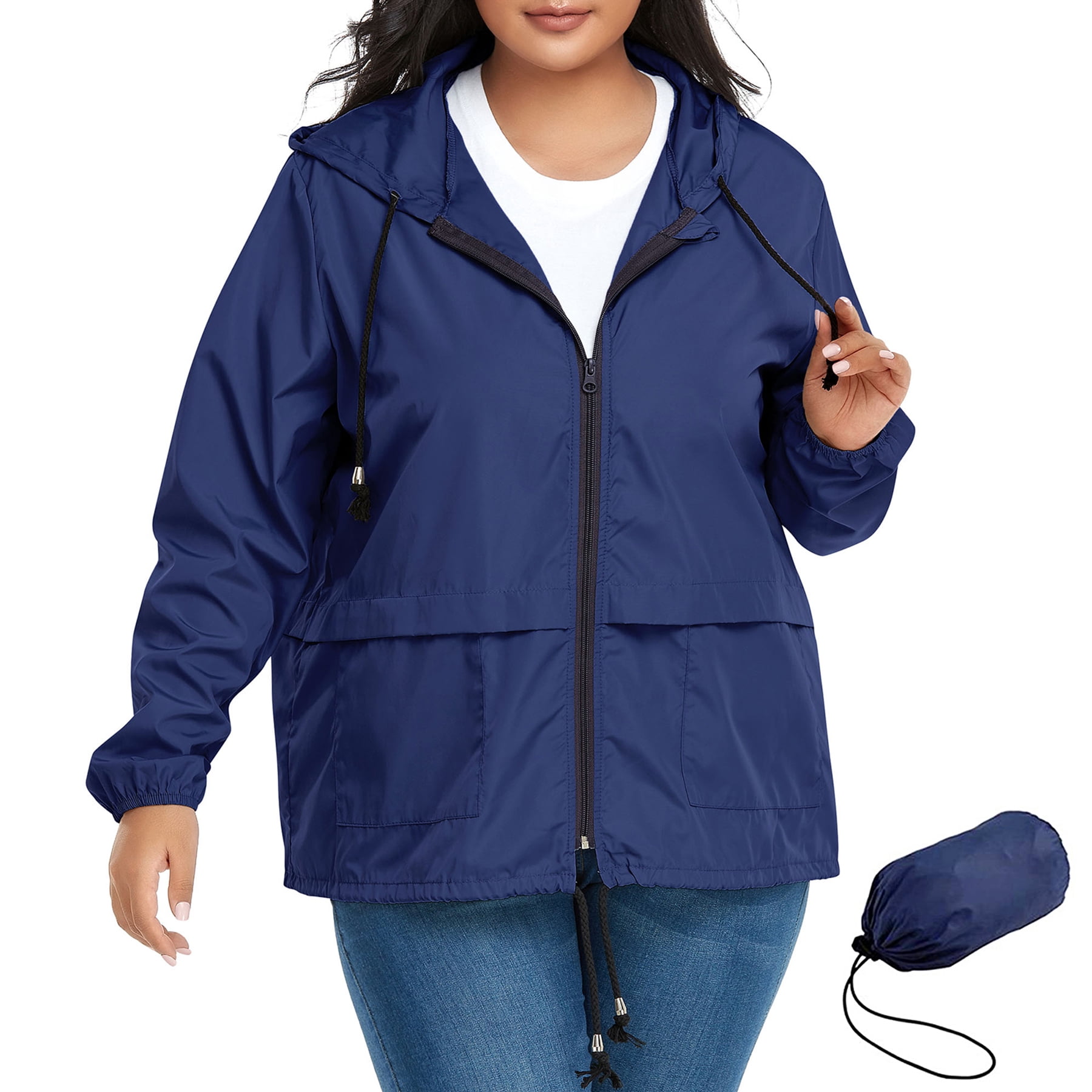 American Trends Plus Size Women Waterproof Rain Jacket with Hood Packable Lightweight Windproof Raincoat with Pockets Navy 2XL