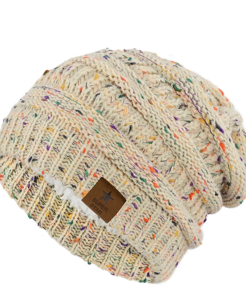 American Trends Womens Knit Beanie Winter Thick Solid Fleece Lined Beanie Hats for Women Men Unisex Warm Skiing Beanies Beige Mix