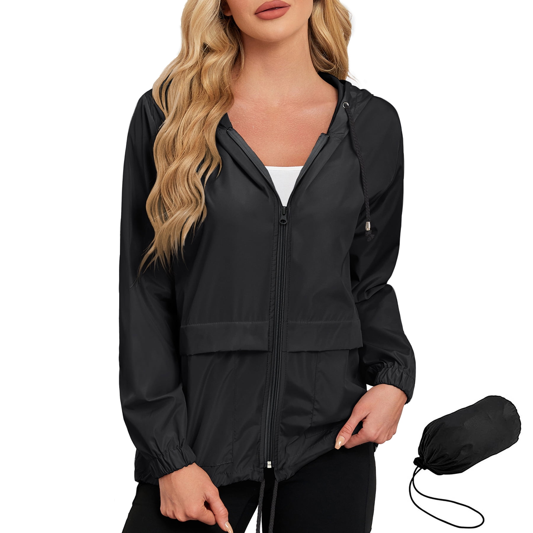 American Trends Women Waterproof Rain Jacket with Hood Packable Lightweight Windproof Raincoat with Pockets Outdoor Black M