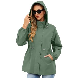 American Trends Womens Rain Jacket Waterproof with Hood Lightweight Windbreaker Adjustable Waist Casual Trench Raincoat for Travel Hiking Green 2XL