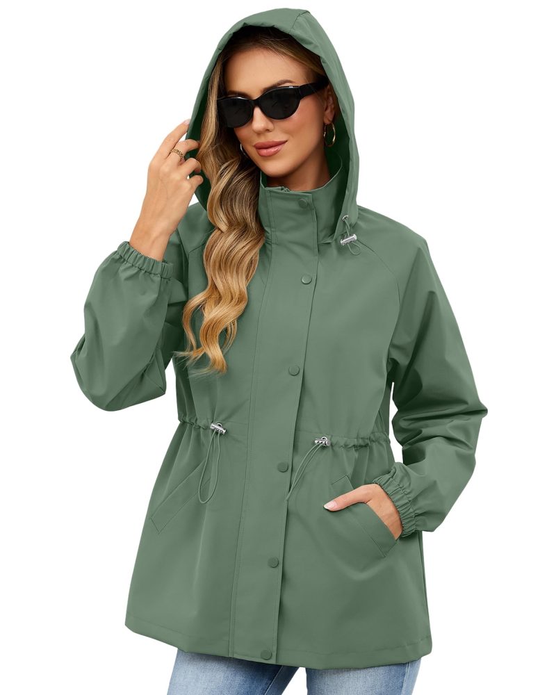 American Trends Womens Rain Jacket Waterproof with Hood Lightweight Windbreaker Adjustable Waist Casual Trench Raincoat for Travel Hiking Green 2XL