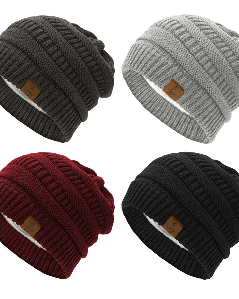 American Trends Womens Knit Beanie Winter Thick Solid Fleece Lined Beanie Hats for Women Men Unisex Warm Skiing Beanies Black & Dark Grey & Burgundy & Light Grey