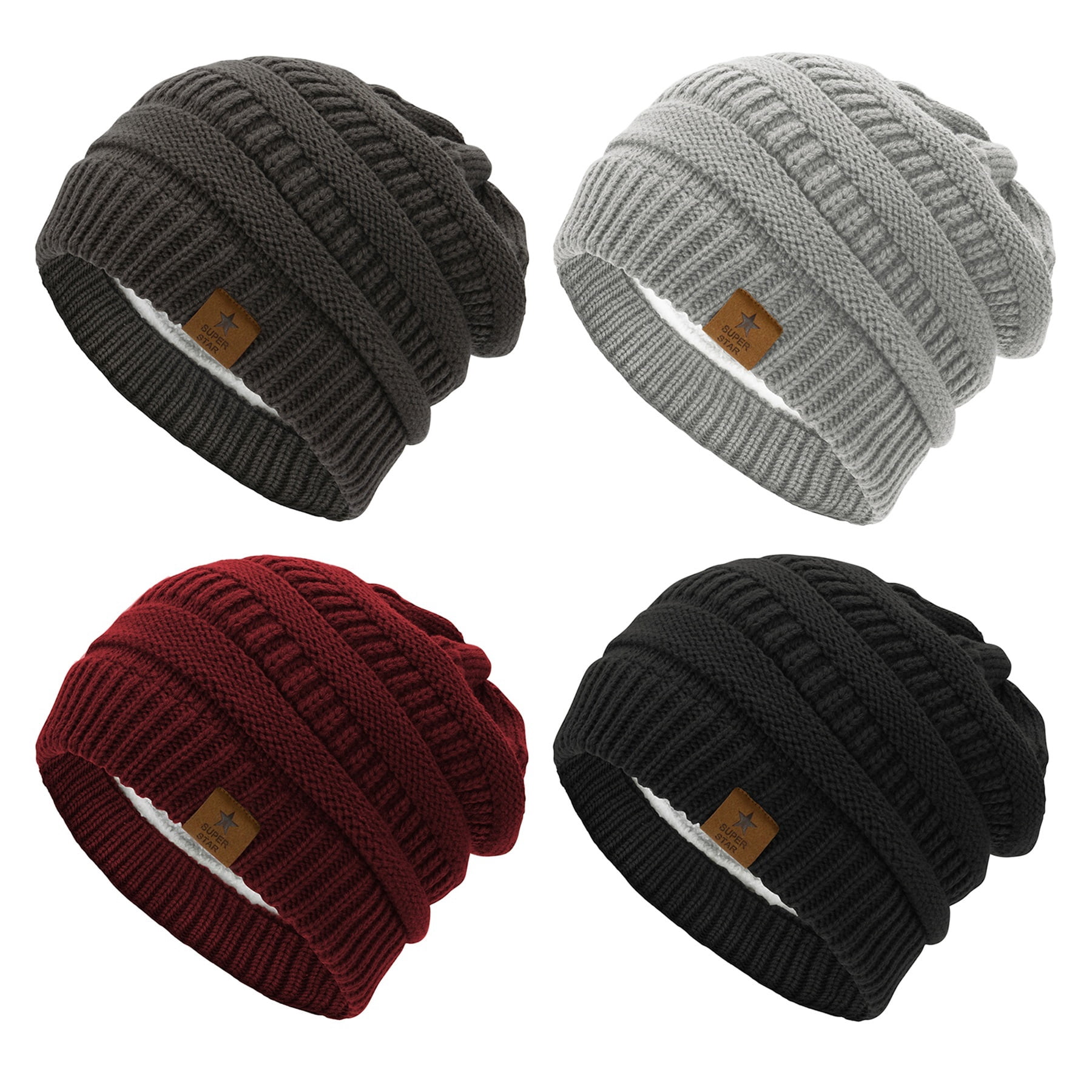 American Trends Womens Knit Beanie Winter Thick Solid Fleece Lined Beanie Hats for Women Men Unisex Warm Skiing Beanies Black & Dark Grey & Burgundy & Light Grey