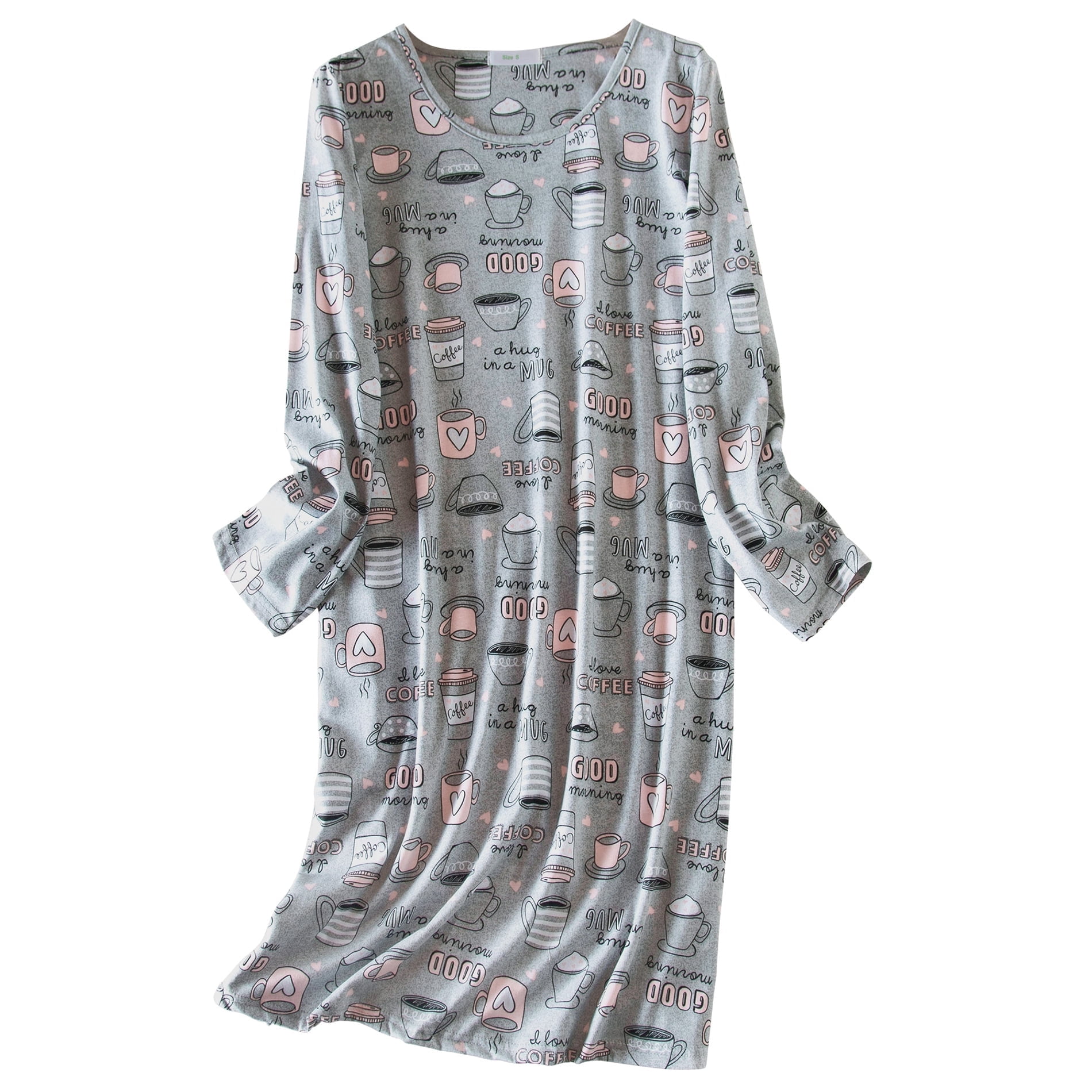 American Trends Womens Long Sleeve Nightgowns Cotton Nightgowns Sleep Shirt for Women Soft House Dresses Night Gown for Ladies Gray Cup L