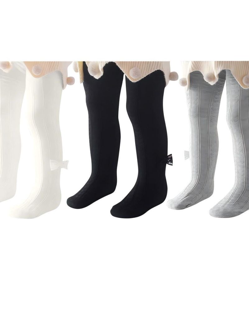 American Trends Infant Soft Tights Thick Cable Knit Leggings Stockings Cotton Pantyhose for Newborn Infant Toddler Baby Girl Tights Black & White & Gray with Bow L