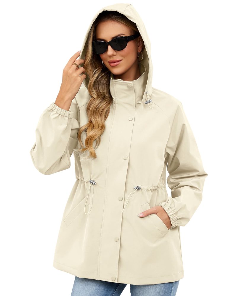 American Trends Womens Rain Jacket Waterproof with Hood Lightweight Windbreaker Adjustable Waist Casual Trench Raincoat for Travel Hiking Beige 2XL