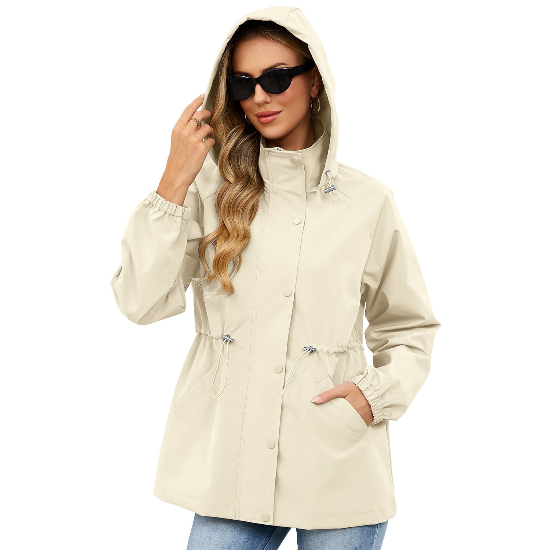 American Trends Womens Rain Jacket Waterproof with Hood Lightweight Windbreaker Adjustable Waist Casual Trench Raincoat for Travel Hiking Beige 2XL