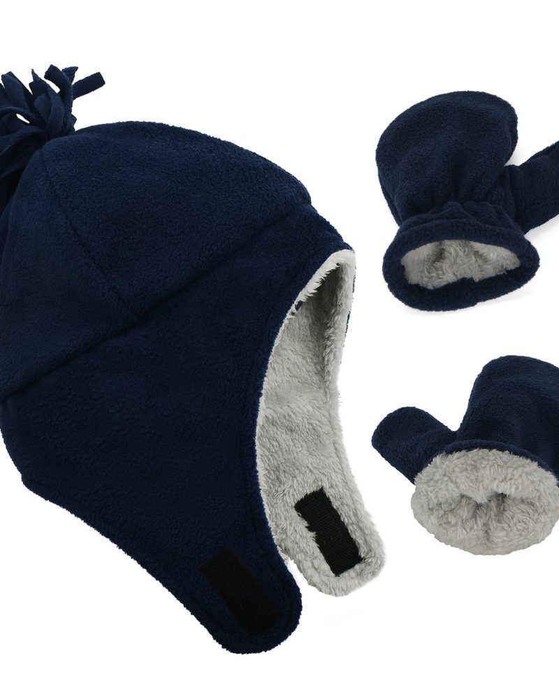 American Trends Baby Toddler Winter Hat and Glove Set Sherpa Lined Warm Fleece Earflap Beanie Hat Toddler Kids Winter Hat for Boys Girls Solid Navy 1-2T