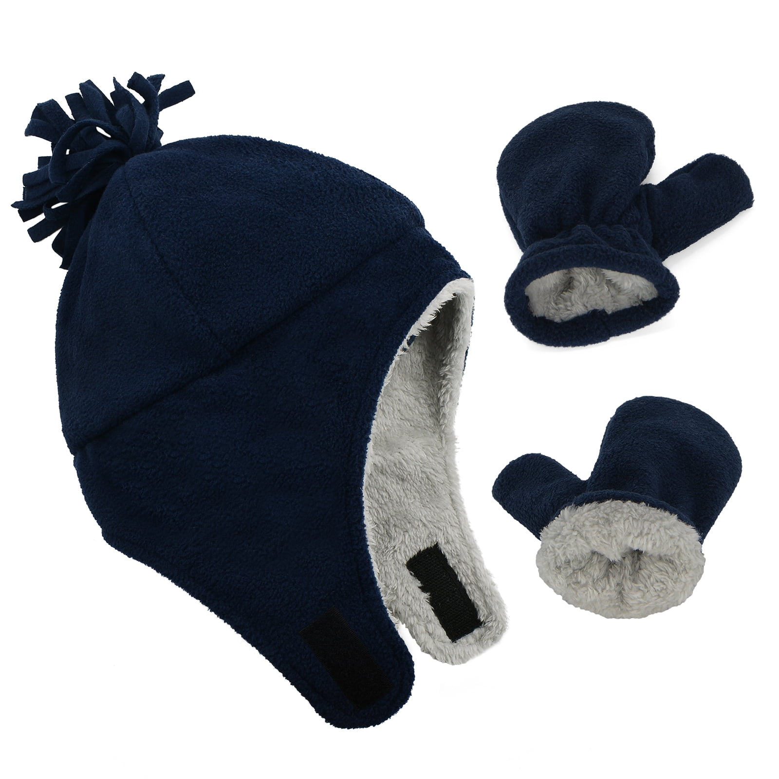 American Trends Baby Toddler Winter Hat and Glove Set Sherpa Lined Warm Fleece Earflap Beanie Hat Toddler Kids Winter Hat for Boys Girls Solid Navy 2-12 Months