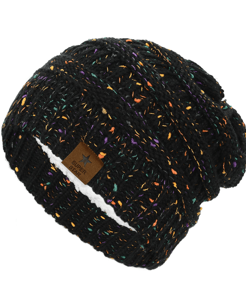 American Trends Womens Knit Beanie Winter Thick Solid Fleece Lined Beanie Hats for Women Men Unisex Warm Skiing Beanies Black Mix