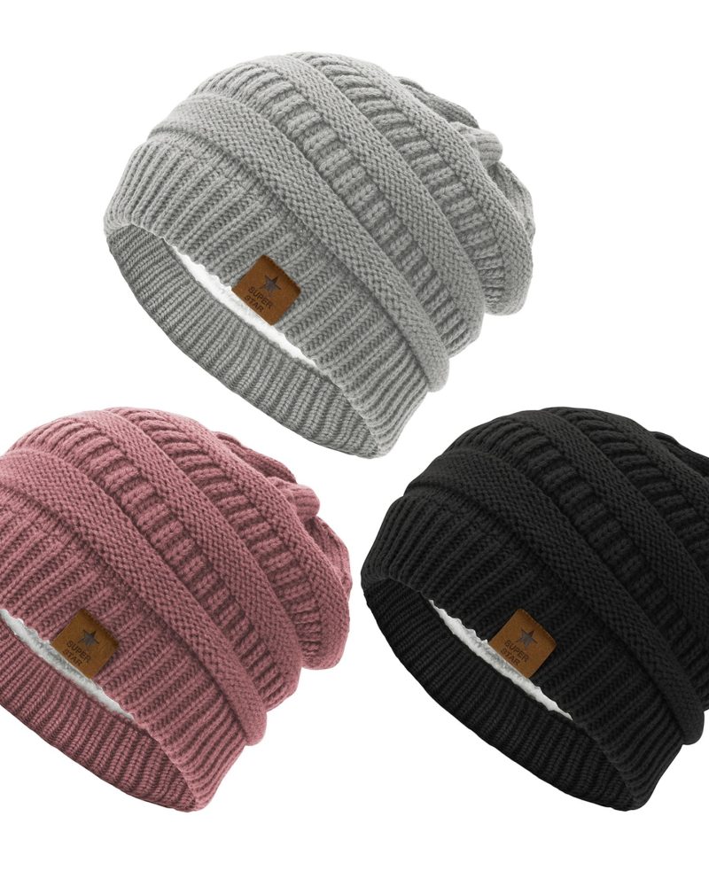 American Trends Womens Knit Beanie Winter Thick Solid Fleece Lined Beanie Hats for Women Men Unisex Warm Skiing Beanies Black & Light Gray & Pink