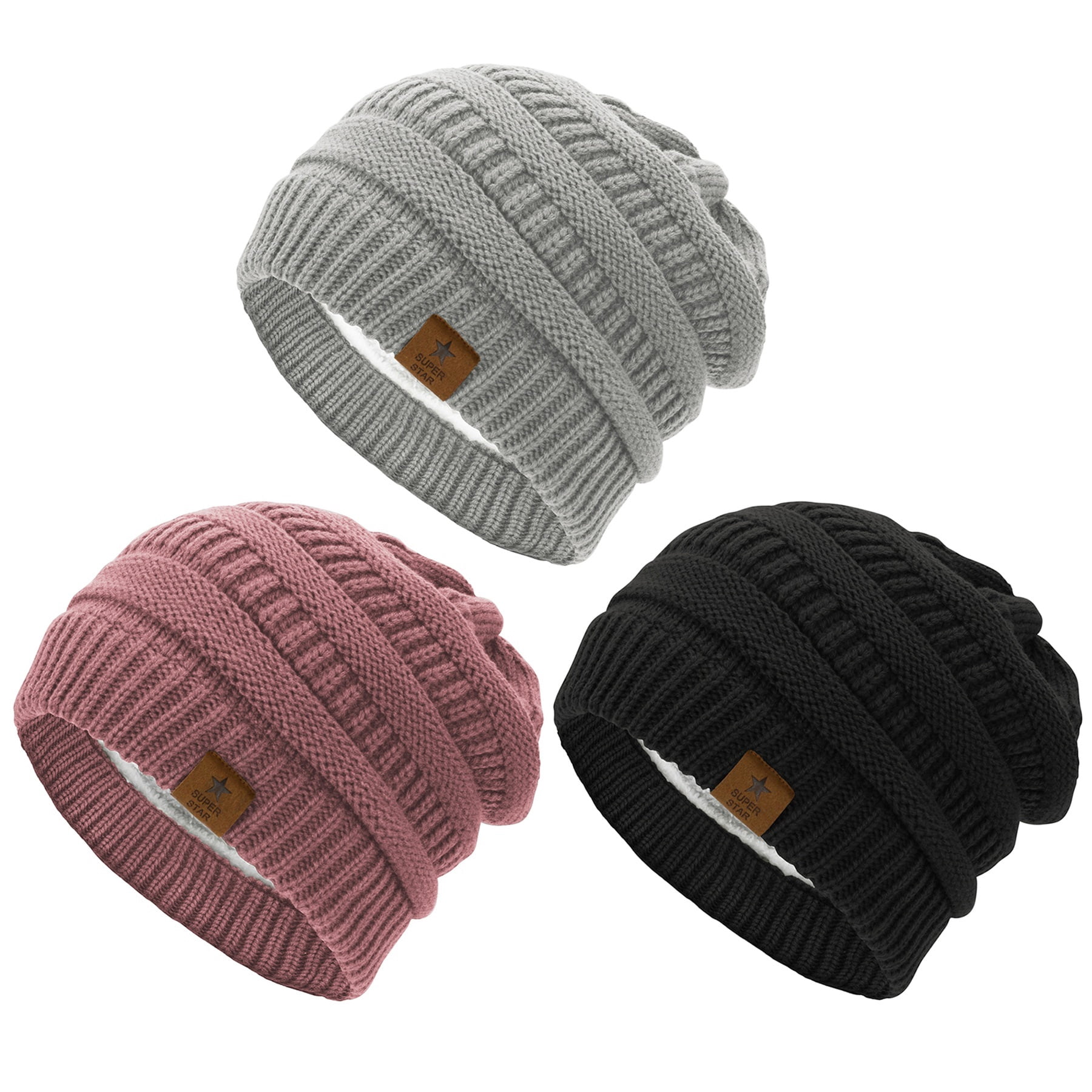 American Trends Womens Knit Beanie Winter Thick Solid Fleece Lined Beanie Hats for Women Men Unisex Warm Skiing Beanies Black & Light Gray & Pink