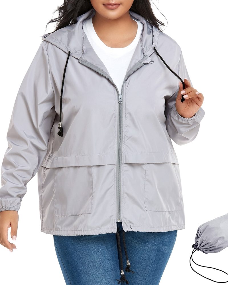 American Trends Plus Size Women Waterproof Rain Jacket with Hood Packable Lightweight Windproof Raincoat with Pockets Gray 3XL