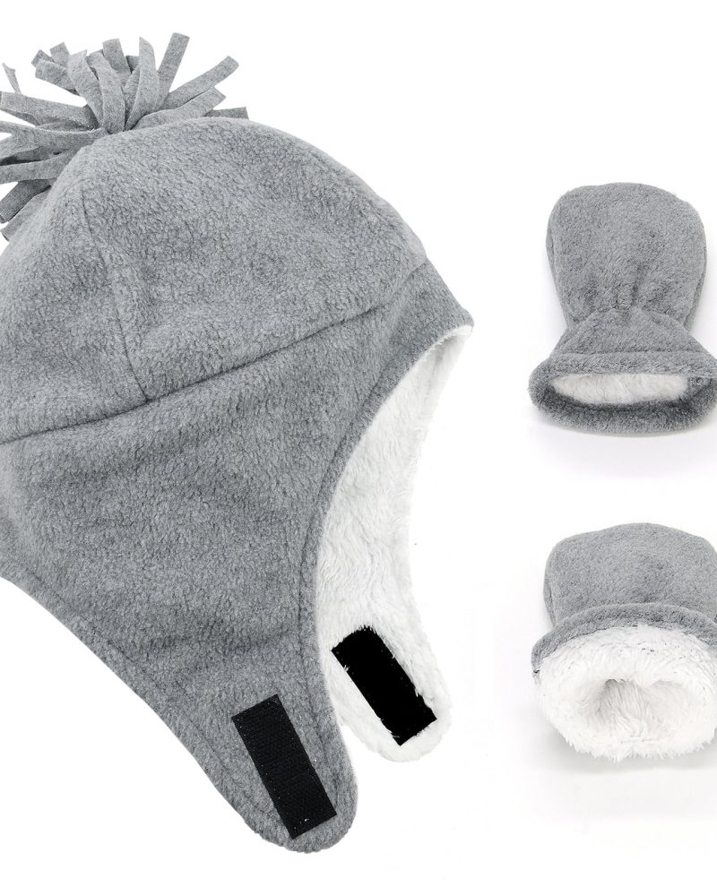 American Trends Baby Toddler Winter Hat and Glove Set Sherpa Lined Warm Fleece Earflap Beanie Hat Toddler Kids Winter Hat for Boys Girls Light Grey 1-2T