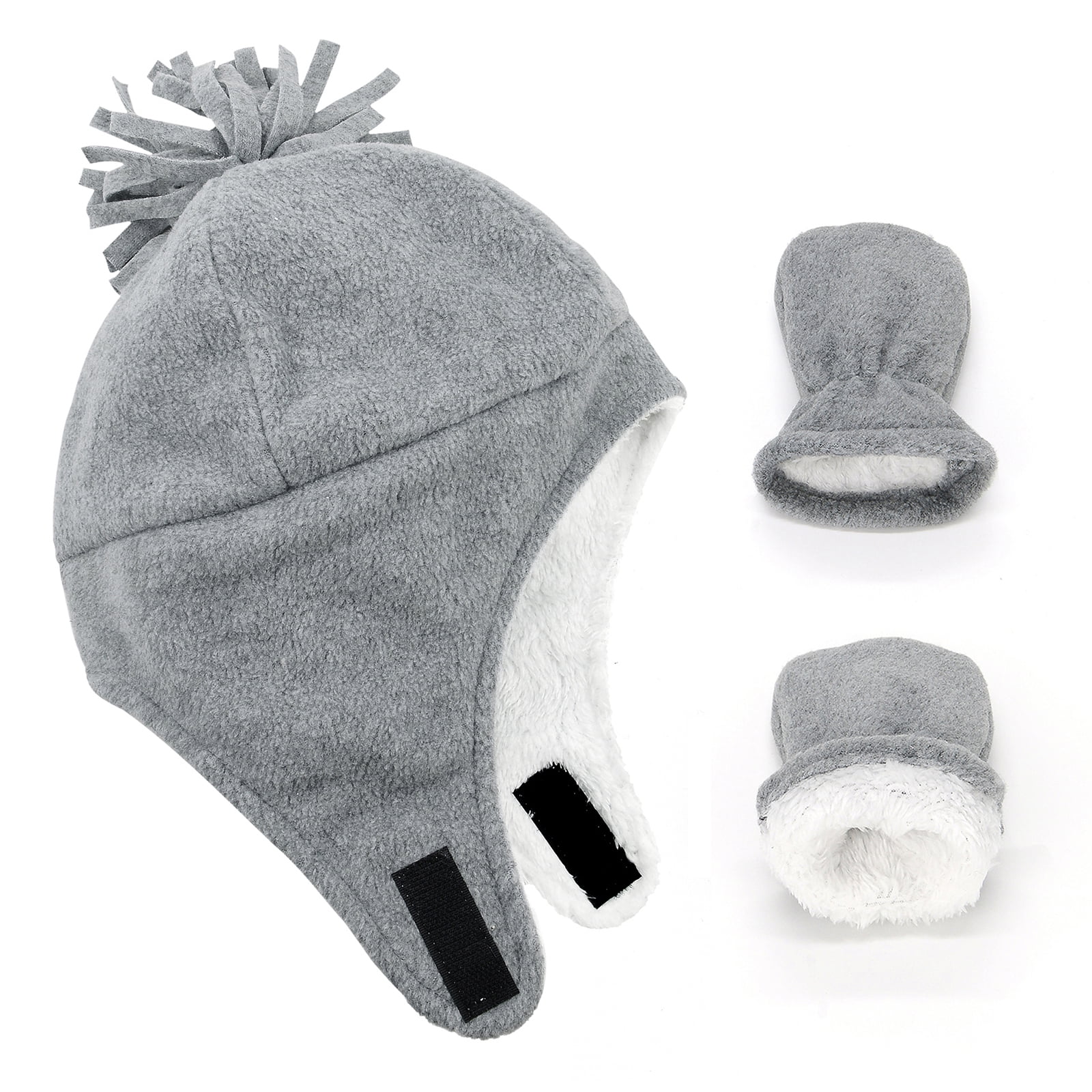 American Trends Baby Toddler Winter Hat and Glove Set Sherpa Lined Warm Fleece Earflap Beanie Hat Toddler Kids Winter Hat for Boys Girls Light Grey 1-2T