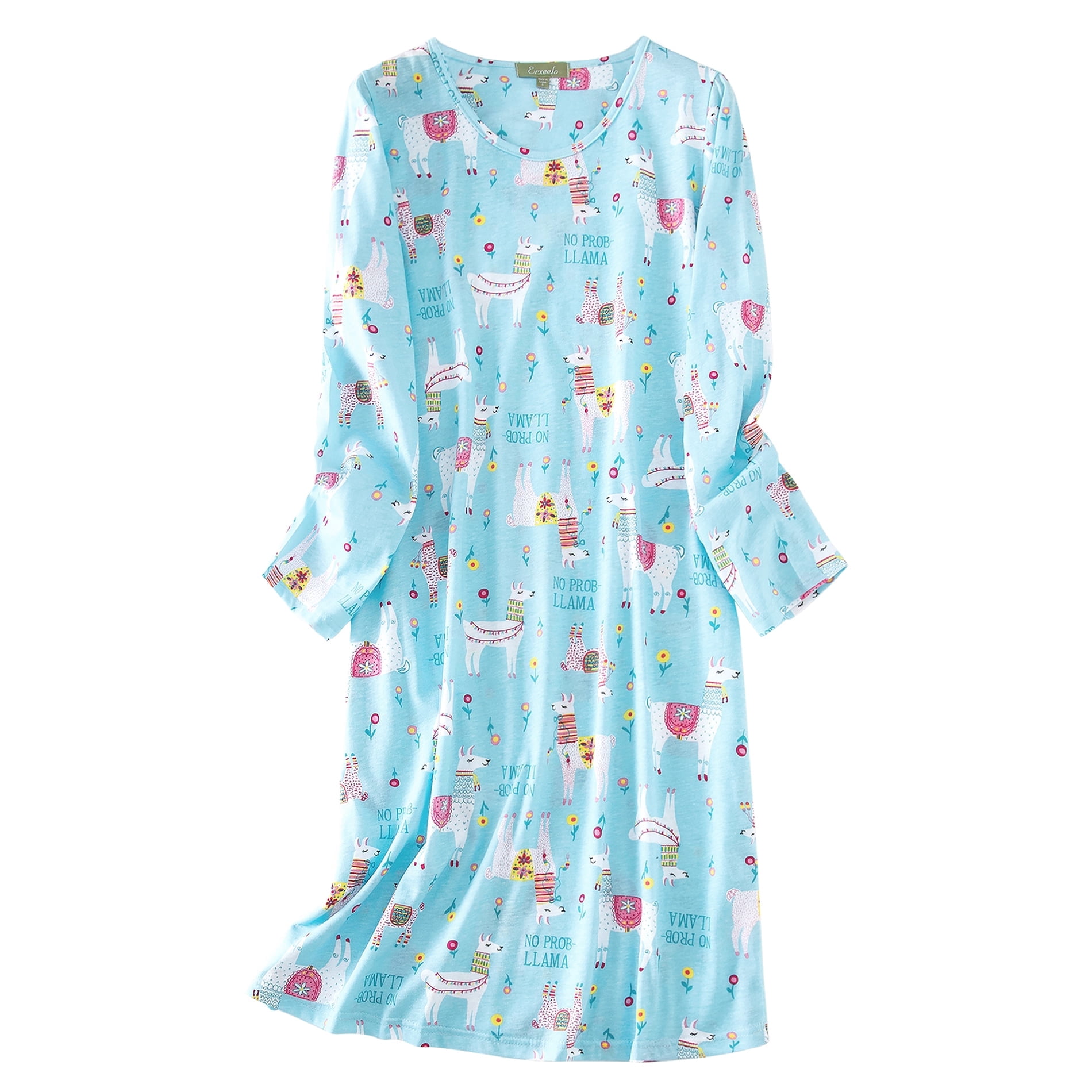 American Trends Long Sleeves Nightgowns for Women Soft Cotton Night Shirts for Ladies Sleepwear Womens Plus Size Pajama Dress Blue Alpaca M