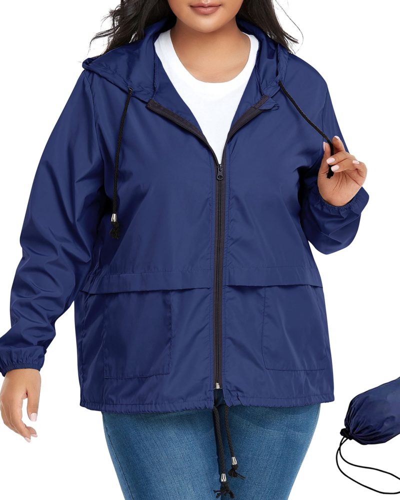 American Trends Plus Size Women Waterproof Rain Jacket with Hood Packable Lightweight Windproof Raincoat with Pockets Navy 3XL