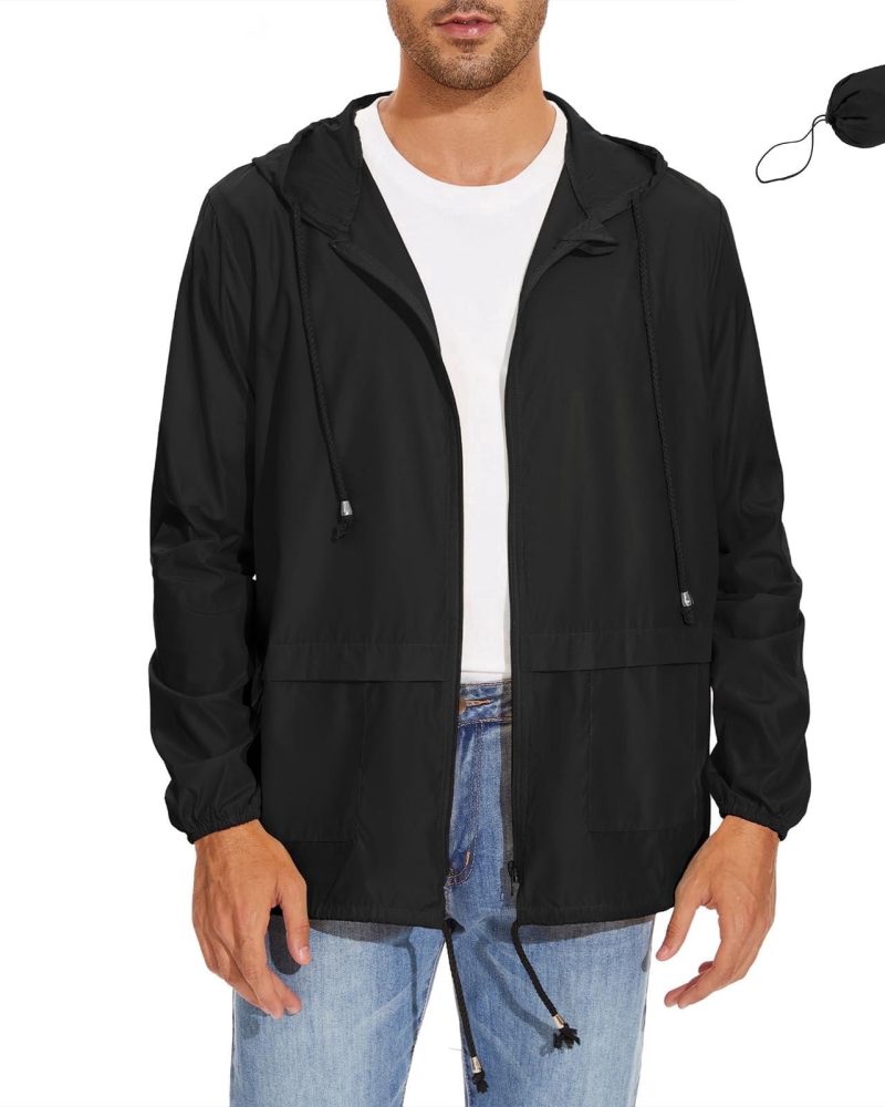 American Trends Packable Men's Rain Jacket Waterproof Raincoat for Men Lightweight Windbreaker with Hood Black M