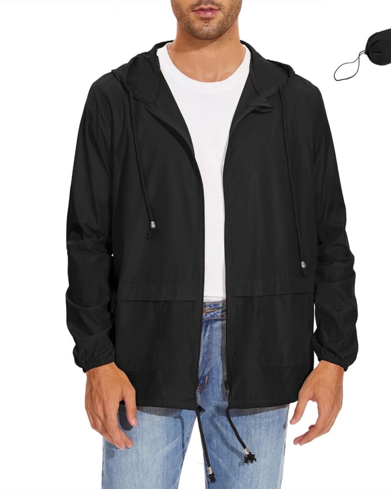 American Trends Packable Men's Rain Jacket Waterproof Raincoat for Men Lightweight Windbreaker with Hood Black 2XL