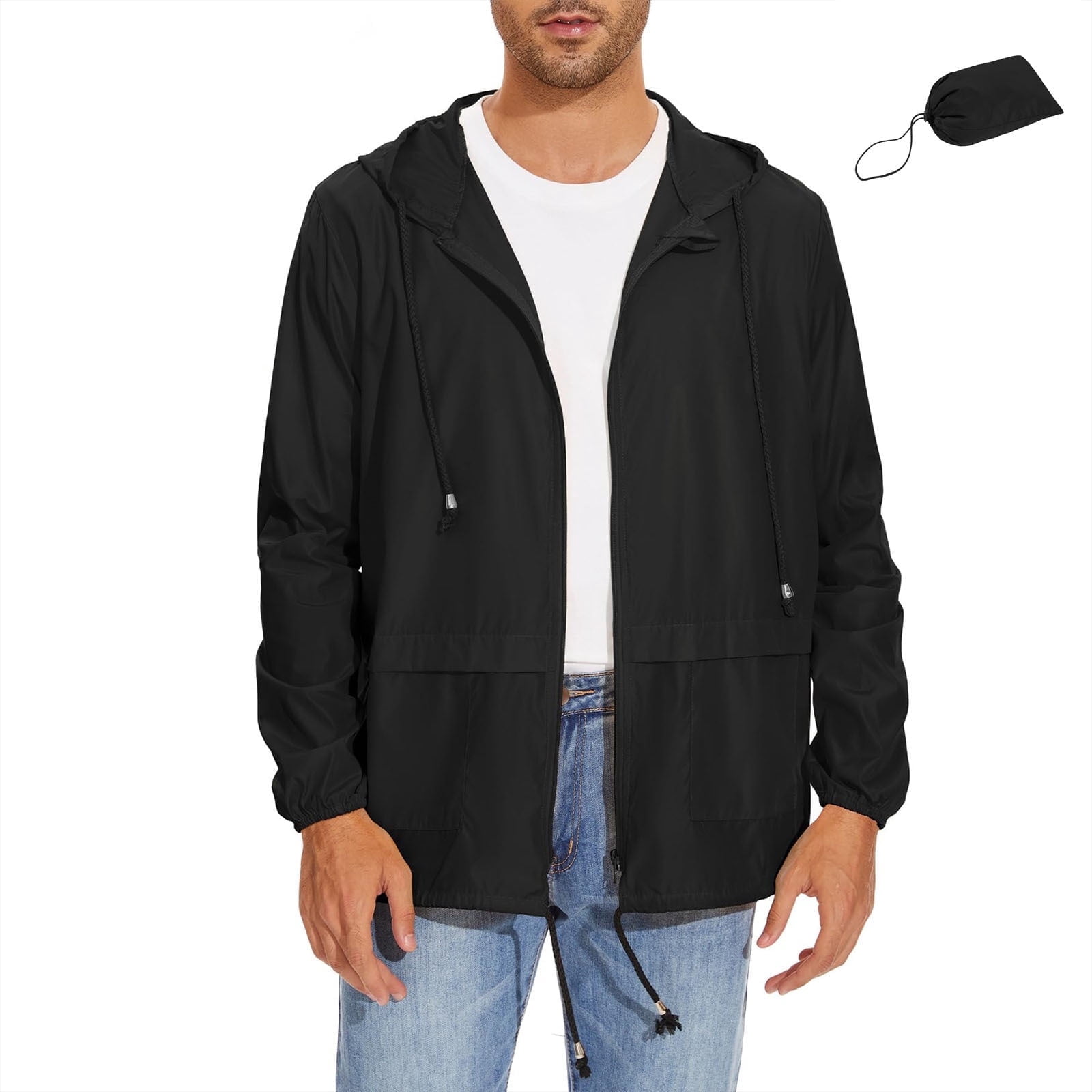 American Trends Packable Men's Rain Jacket Waterproof Raincoat for Men Lightweight Windbreaker with Hood Black 2XL