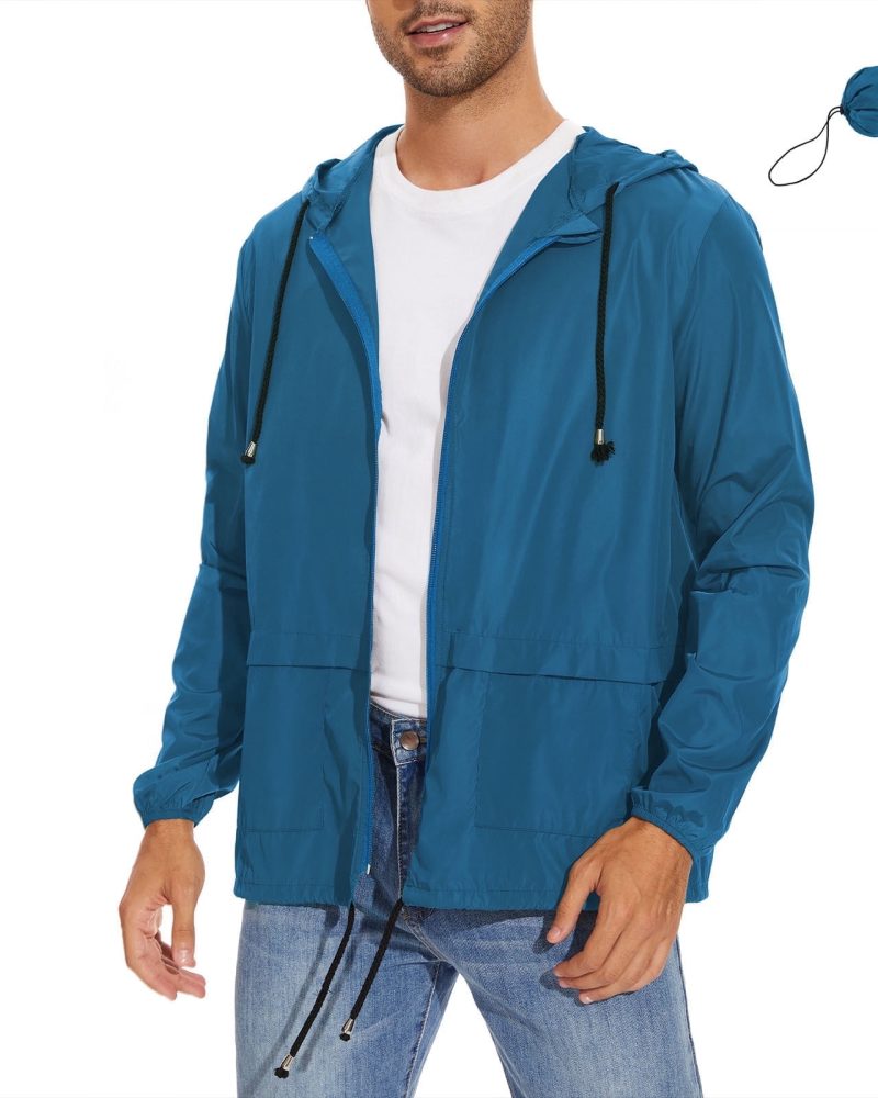 American Trends Packable Men's Rain Jacket Waterproof Raincoat for Men Lightweight Windbreaker with Hood Blue L