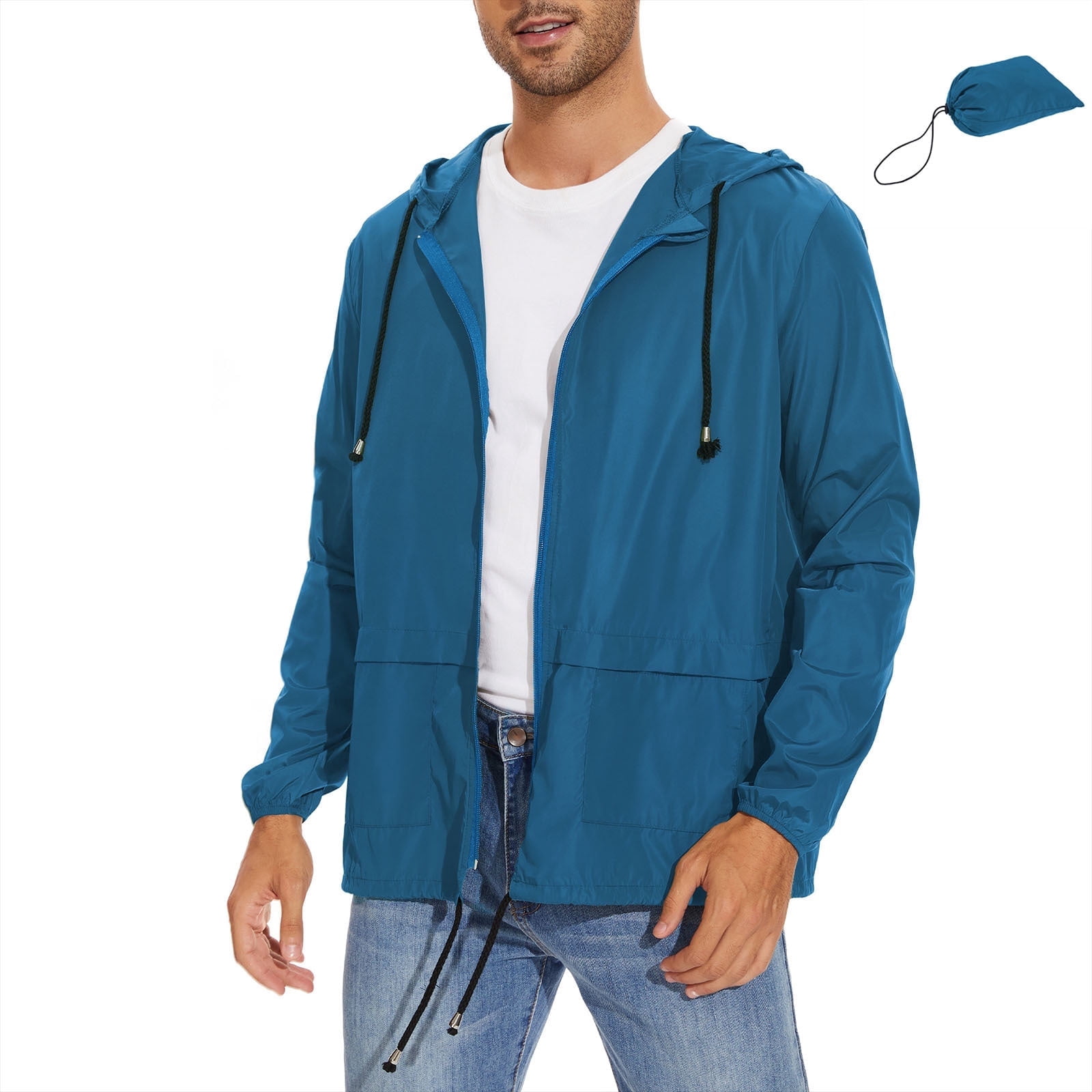 American Trends Packable Men's Rain Jacket Waterproof Raincoat for Men Lightweight Windbreaker with Hood Blue M