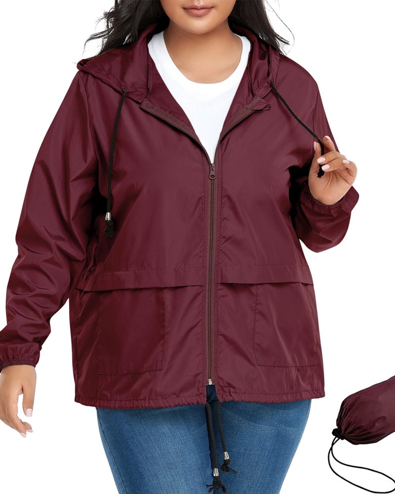 American Trends Plus Size Women Waterproof Rain Jacket with Hood Packable Lightweight Windproof Raincoat with Pockets Wine Red 2XL