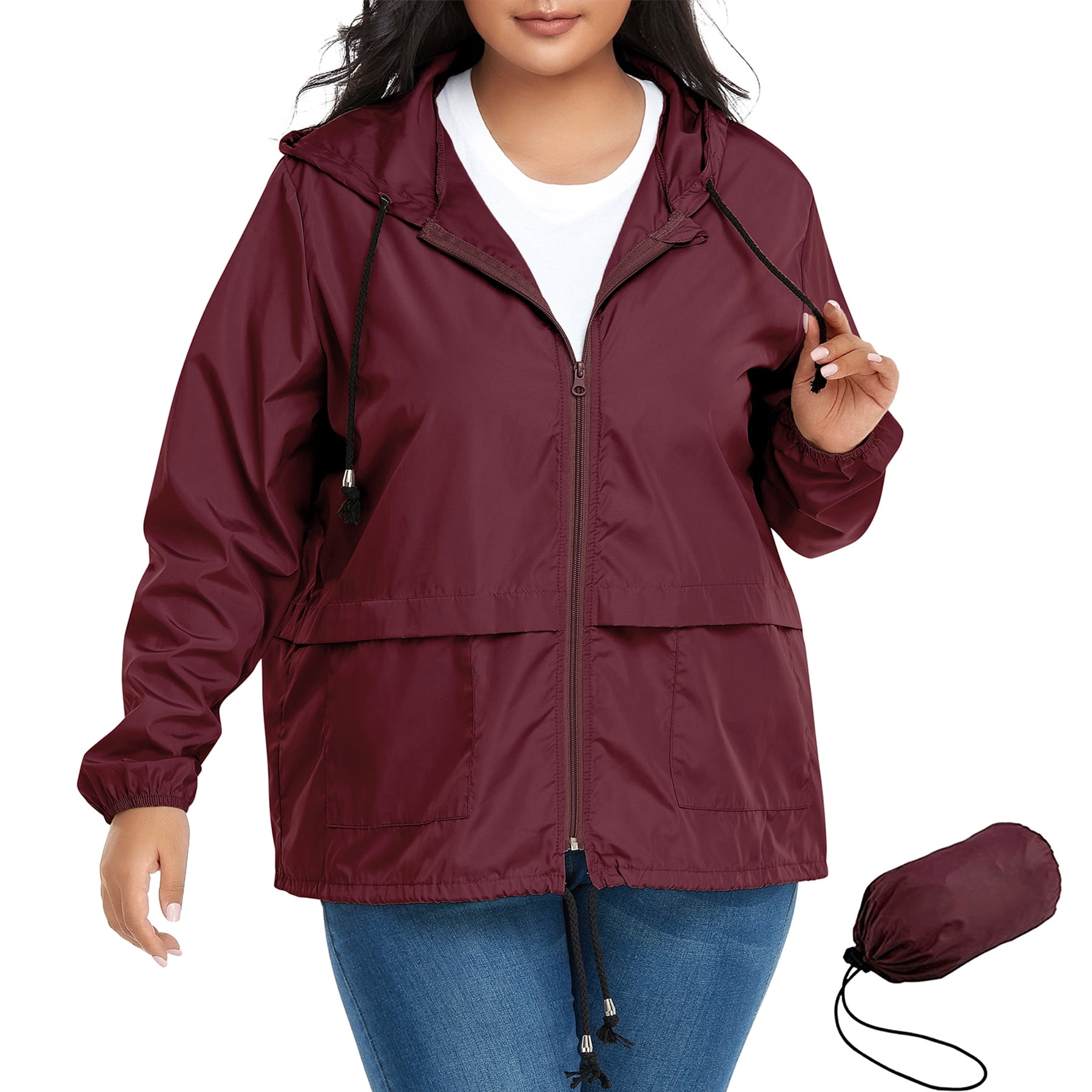 American Trends Plus Size Women Waterproof Rain Jacket with Hood Packable Lightweight Windproof Raincoat with Pockets Wine Red 2XL