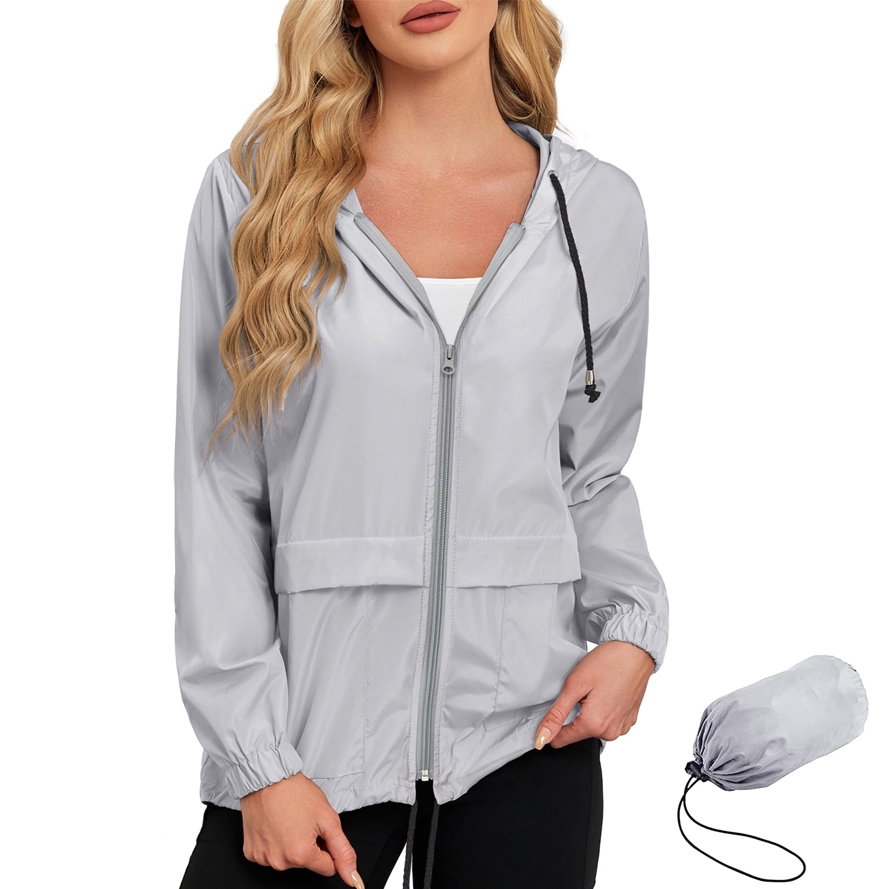 American Trends Women Waterproof Rain Jacket with Hood Packable Lightweight Windproof Raincoat with Pockets Outdoor Gray M