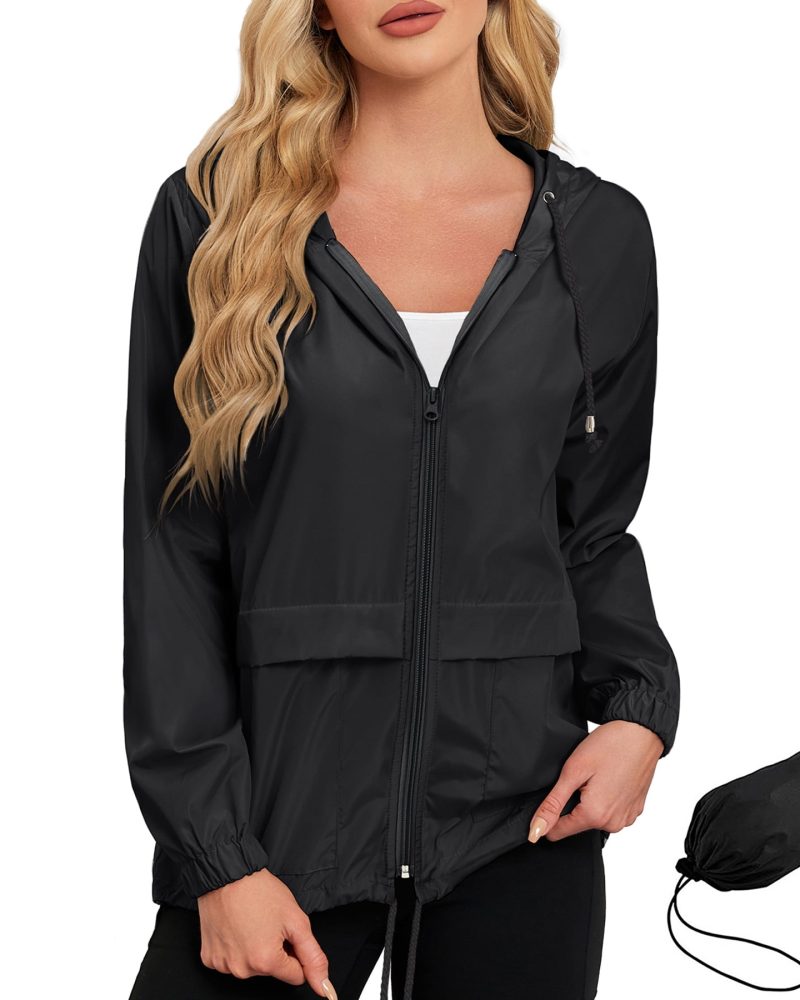 American Trends Women Waterproof Rain Jacket with Hood Packable Lightweight Windproof Raincoat with Pockets Outdoor Black XL