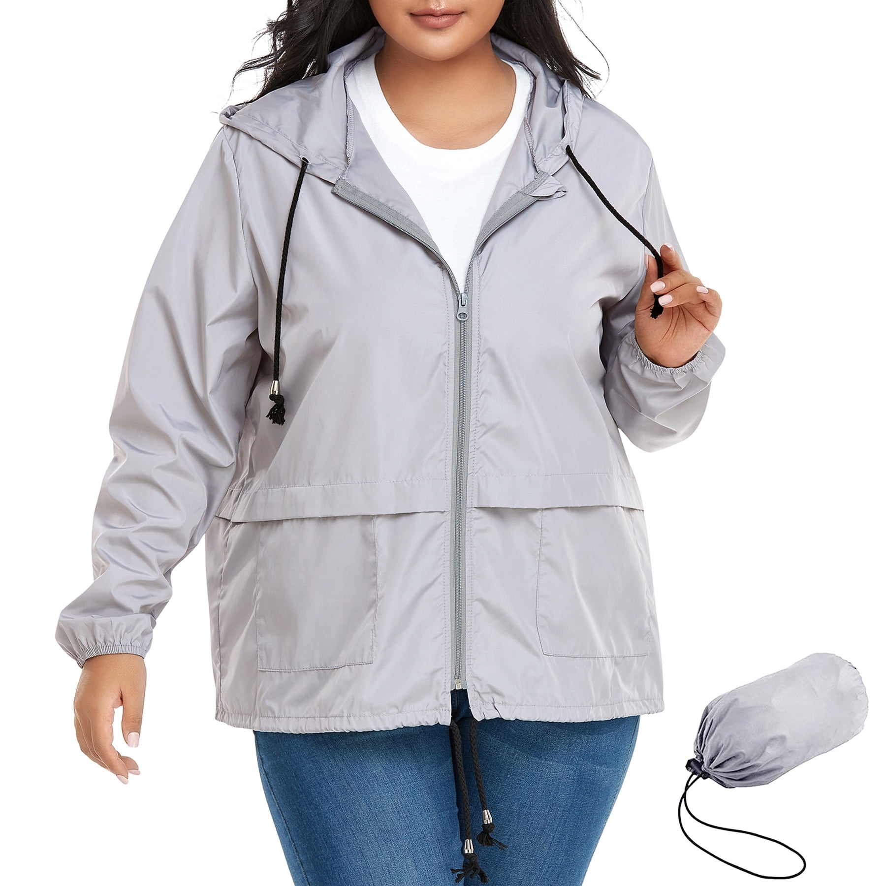 American Trends Plus Size Women Waterproof Rain Jacket with Hood Packable Lightweight Windproof Raincoat with Pockets Gray 2XL
