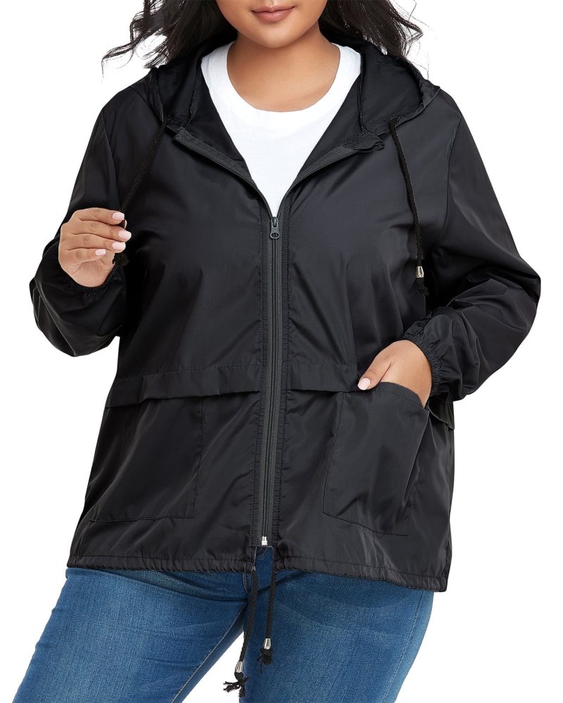 American Trends Plus Size Women Waterproof Rain Jacket with Hood Packable Lightweight Windproof Raincoat with Pockets Black 2XL