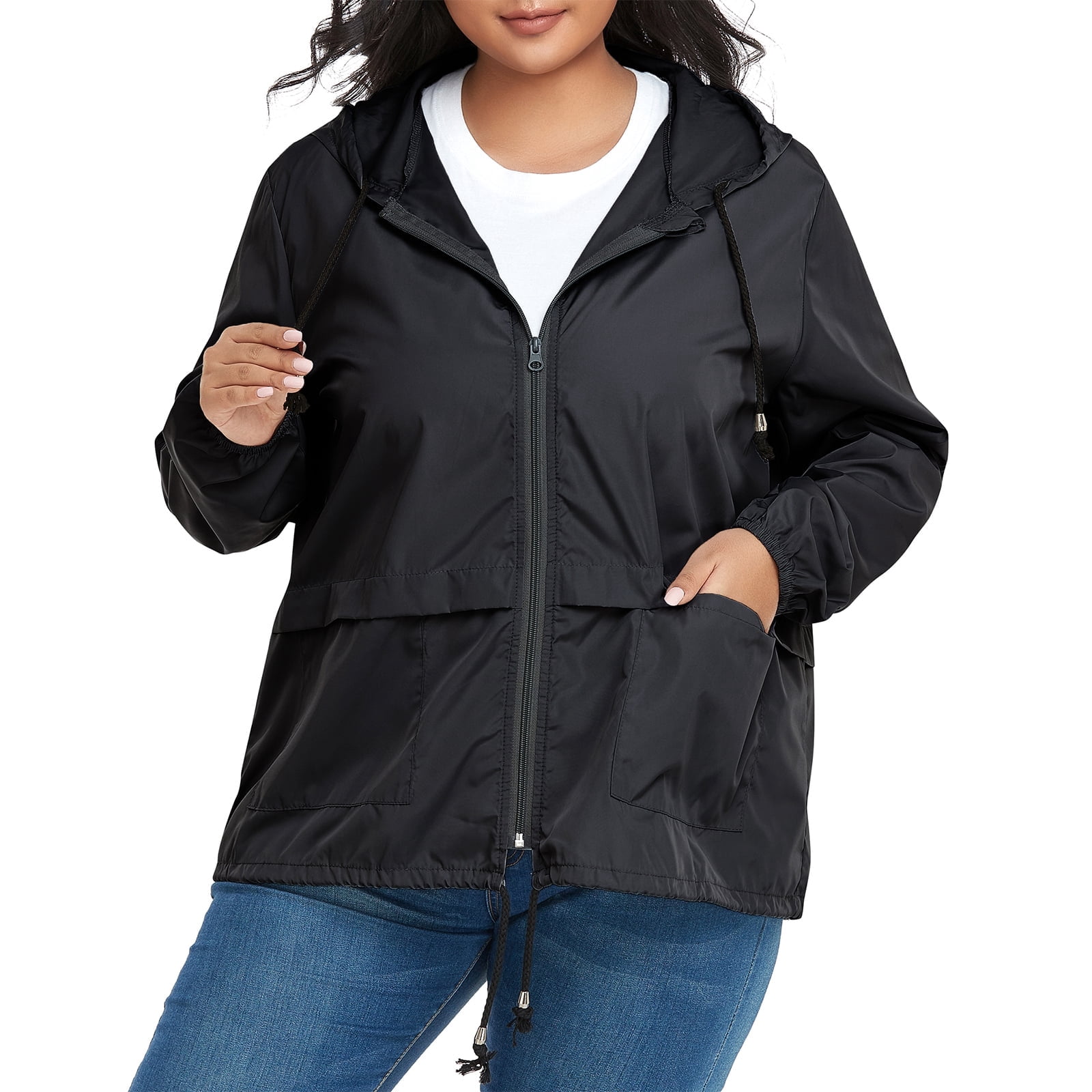 American Trends Plus Size Women Waterproof Rain Jacket with Hood Packable Lightweight Windproof Raincoat with Pockets Black 4XL