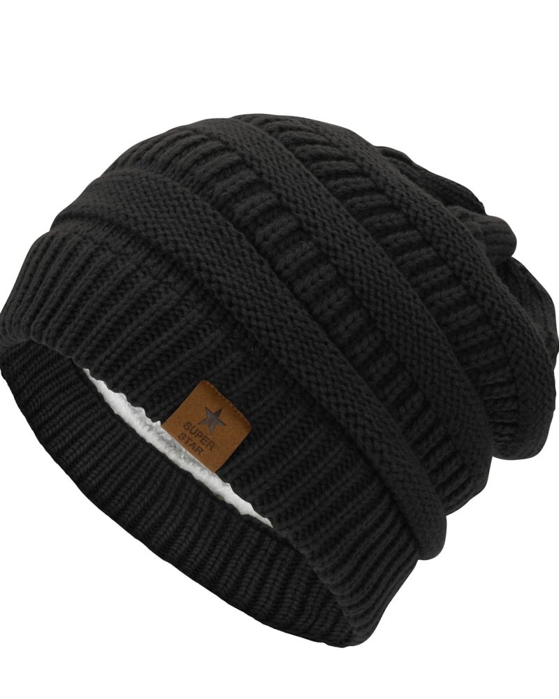 American Trends Womens Knit Beanie Winter Thick Solid Fleece Lined Beanie Hats for Women Men Unisex Warm Skiing Beanies Black