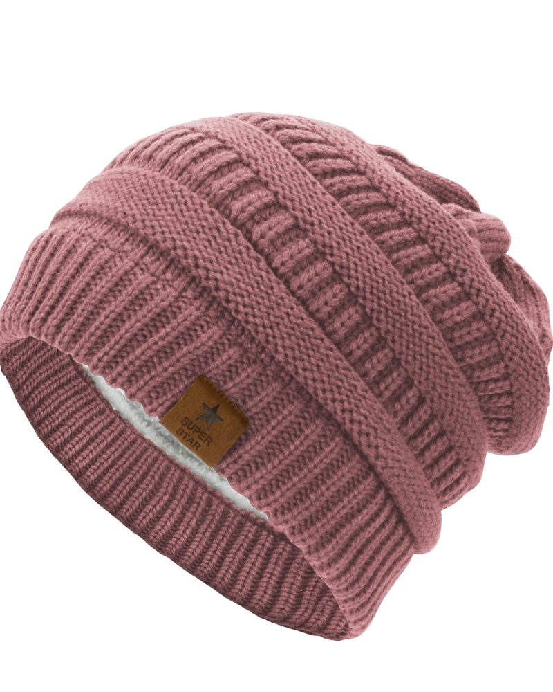 American Trends Womens Knit Beanie Winter Thick Solid Fleece Lined Beanie Hats for Women Men Unisex Warm Skiing Beanies Pink