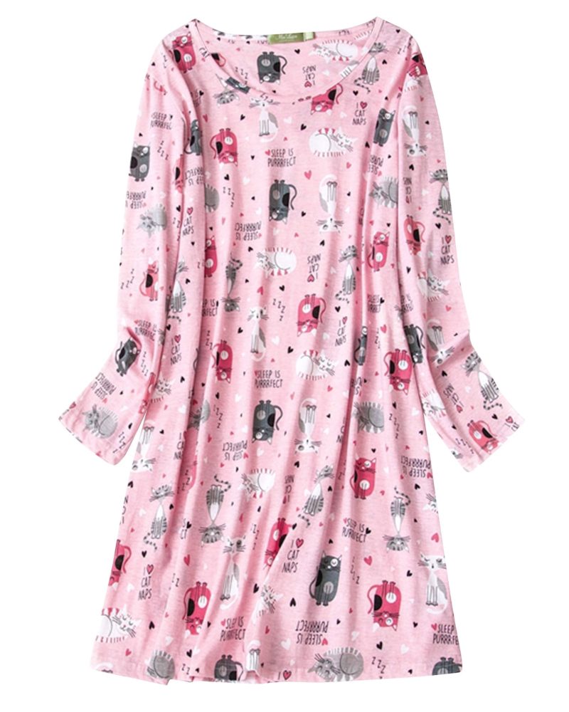American Trends Womens Long Sleeve Nightgowns Cotton Nightgowns Sleep Shirt for Women Soft House Dresses Night Gown for Ladies Pink Cat L