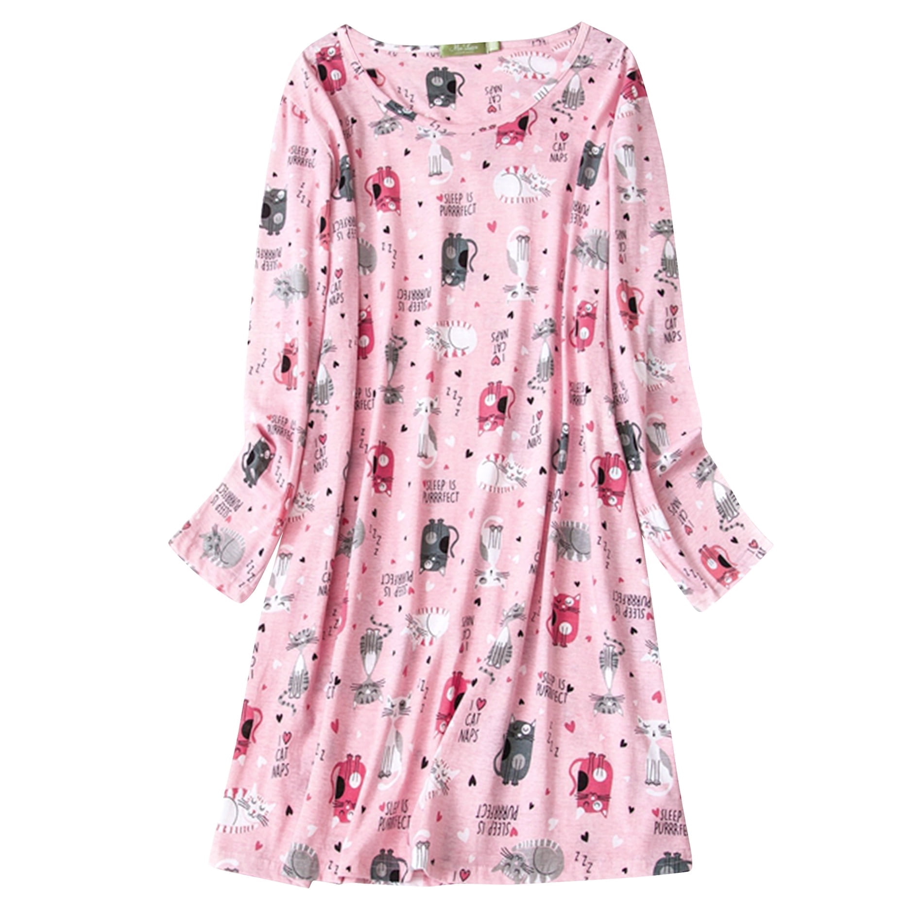 American Trends Womens Long Sleeve Nightgowns Cotton Nightgowns Sleep Shirt for Women Soft House Dresses Night Gown for Ladies Pink Cat XL