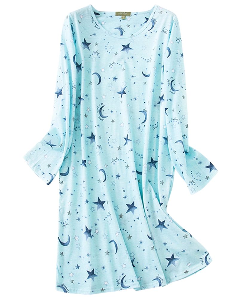 American Trends Womens Long Sleeve Nightgowns Cotton Nightgowns Sleep Shirt for Women Soft House Dresses Night Gown for Ladies Green Star L