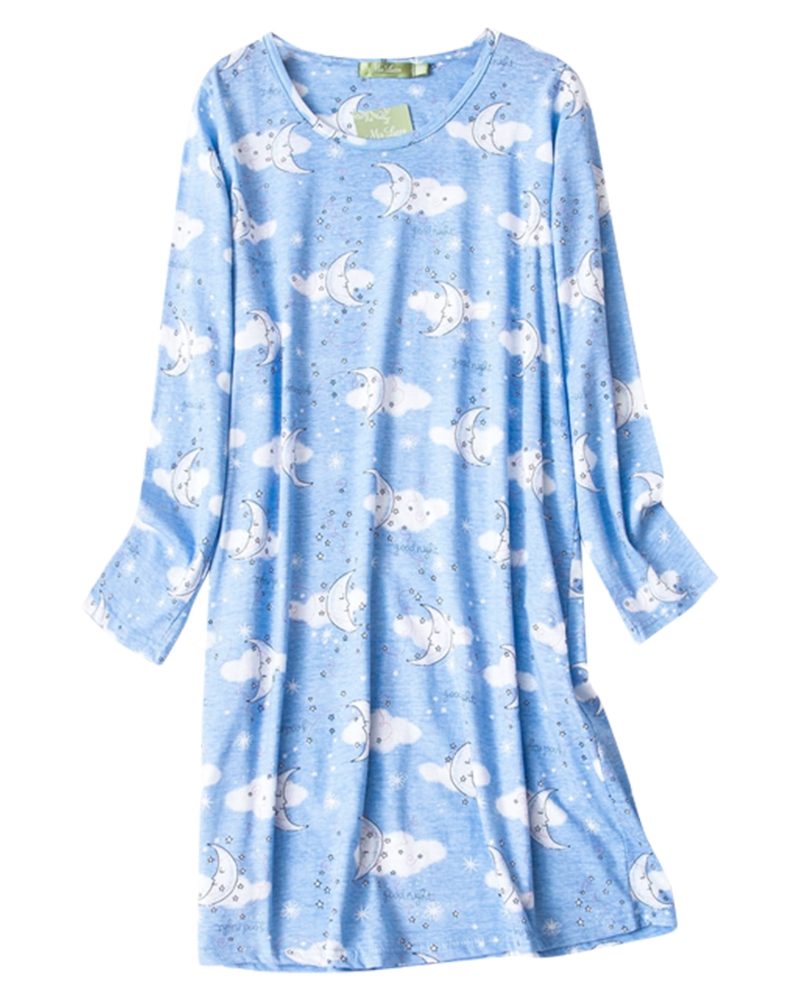 American Trends Womens Long Sleeve Nightgowns Cotton Nightgowns Sleep Shirt for Women Soft House Dresses Night Gown for Ladies Blue Moon L