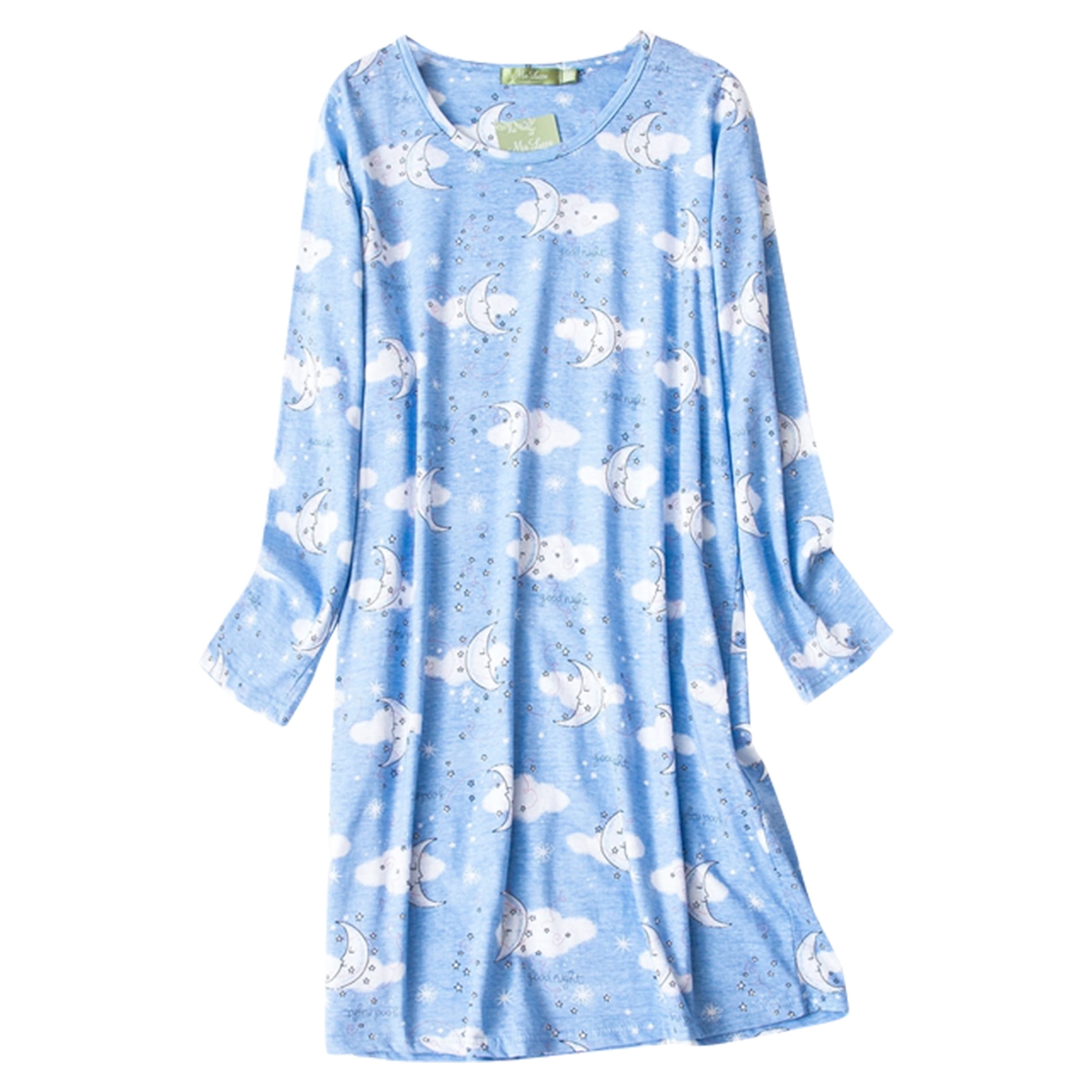 American Trends Womens Long Sleeve Nightgowns Cotton Nightgowns Sleep Shirt for Women Soft House Dresses Night Gown for Ladies Blue Moon L